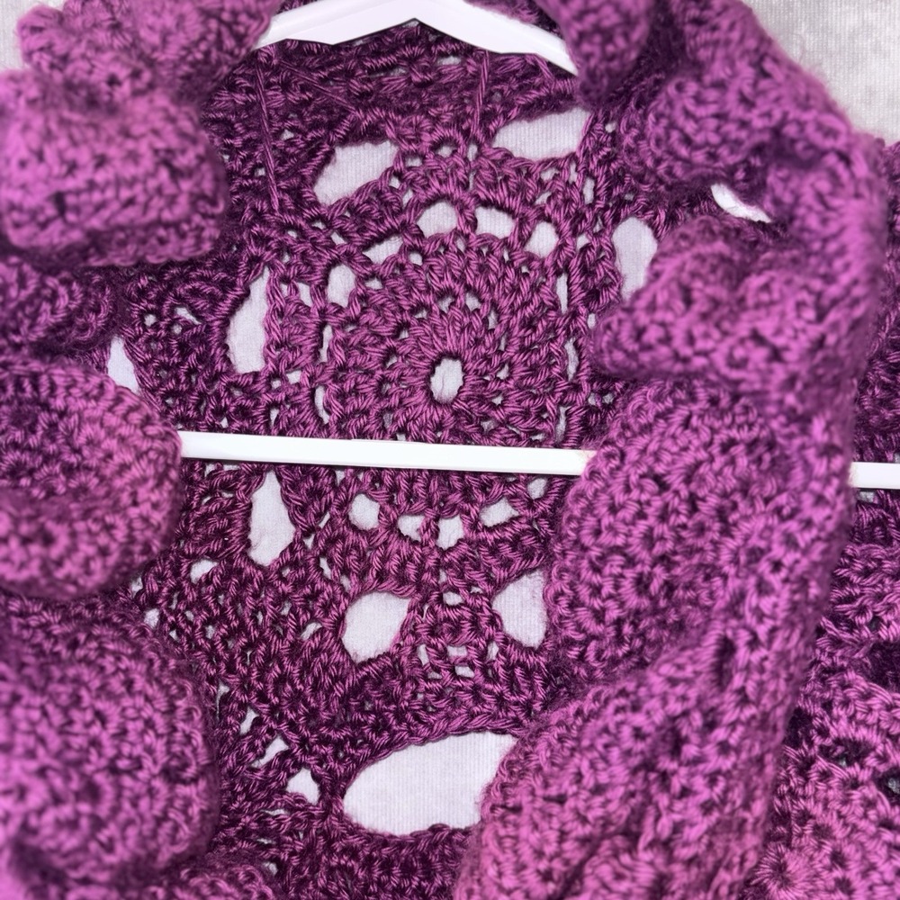 100% Handmade Large Purple Willow Granny Square Cardigan Ruffle Bell‎ Sleeves - Picture 11 of 12
